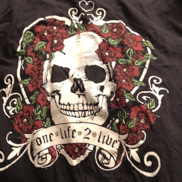 ONE LIFE 2 LIVE size large black 3/4 sleeve tee snap v-neck sugar scull & dagger - Picture 7 of 9